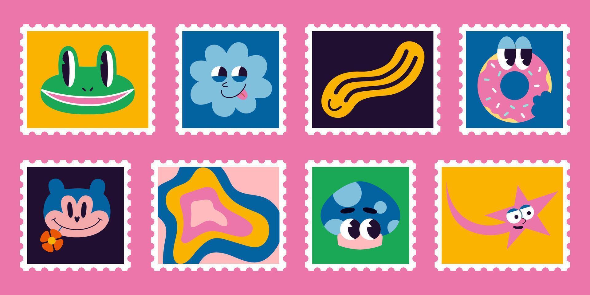 Set of cute hand-drawn post stamps with comic groovy characters such as frog, mushroom, donut and star. Trendy modern illustartions in Cartoon style, flat design. 70s funny retro vibes vector