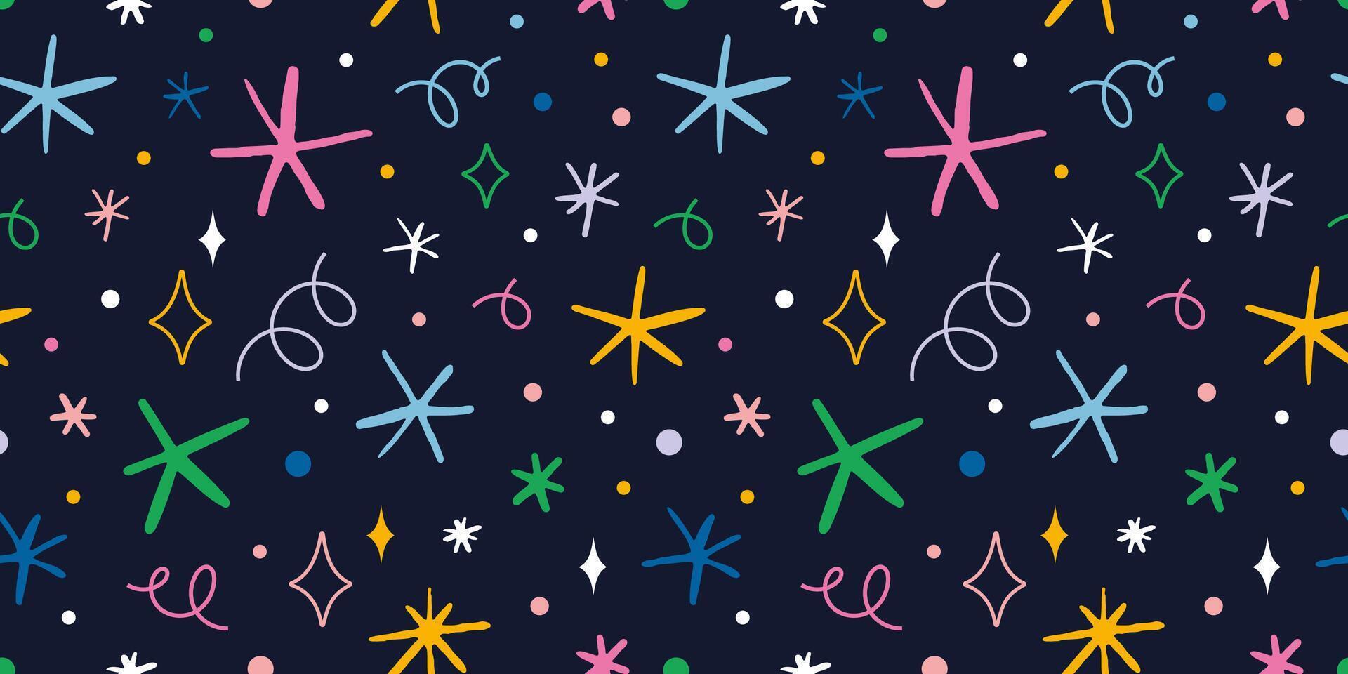 Seamless pattern with stars, sparks and snowflakes, cartoon style. Christmas, birthday print in vibrant colors on a dark background. Trendy illustration, hand drawn with textured effect vector