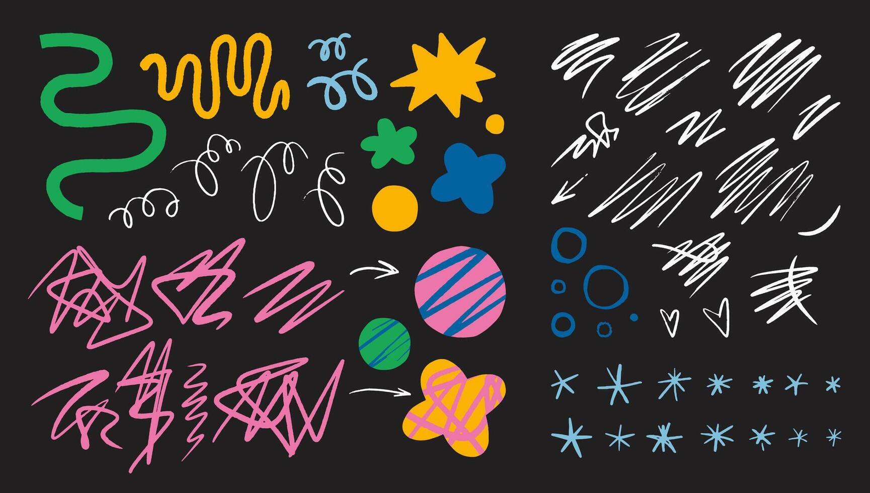 Hand drawn various scribbles, doodles, curls, lines, circles and stars. Abstract art, set of elements, constructor for shapes with textured effect. Trendy modern illustration vector