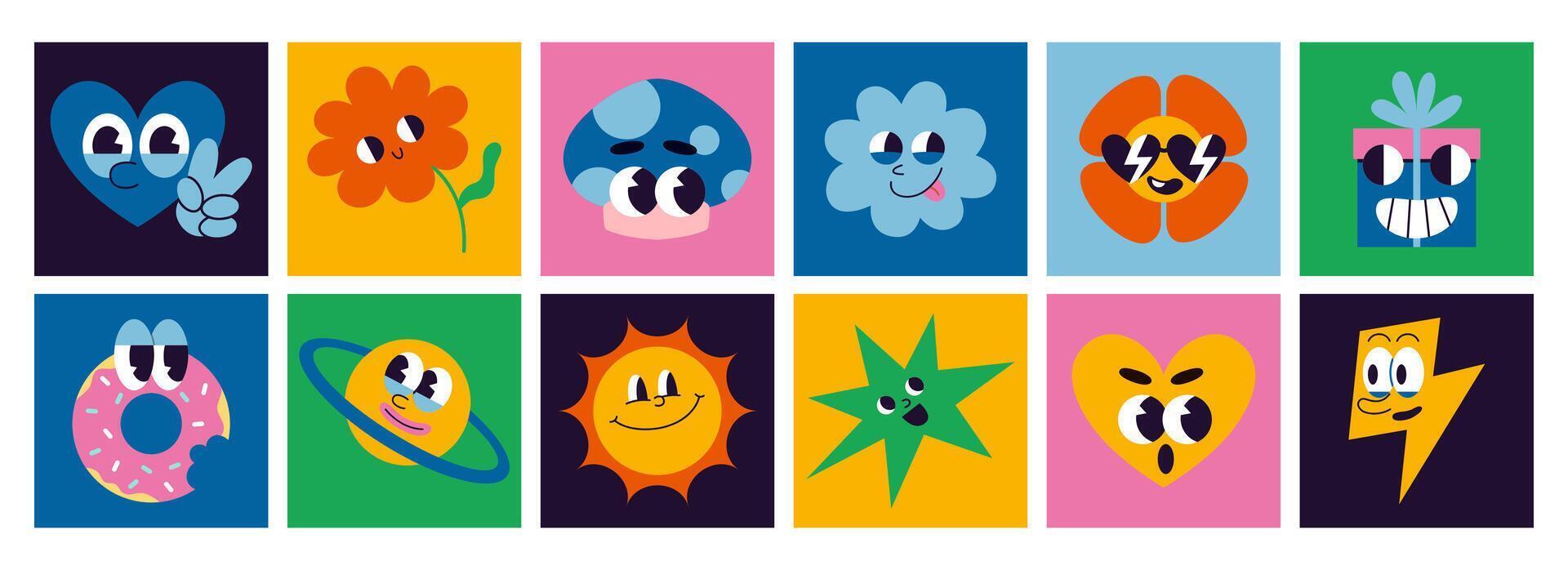 Set of various comic groovy characters, cartoon style. Square colorful icons. 70s funny cute retro stickers collection. Trendy modern illustration, hand drawn, flat design vector