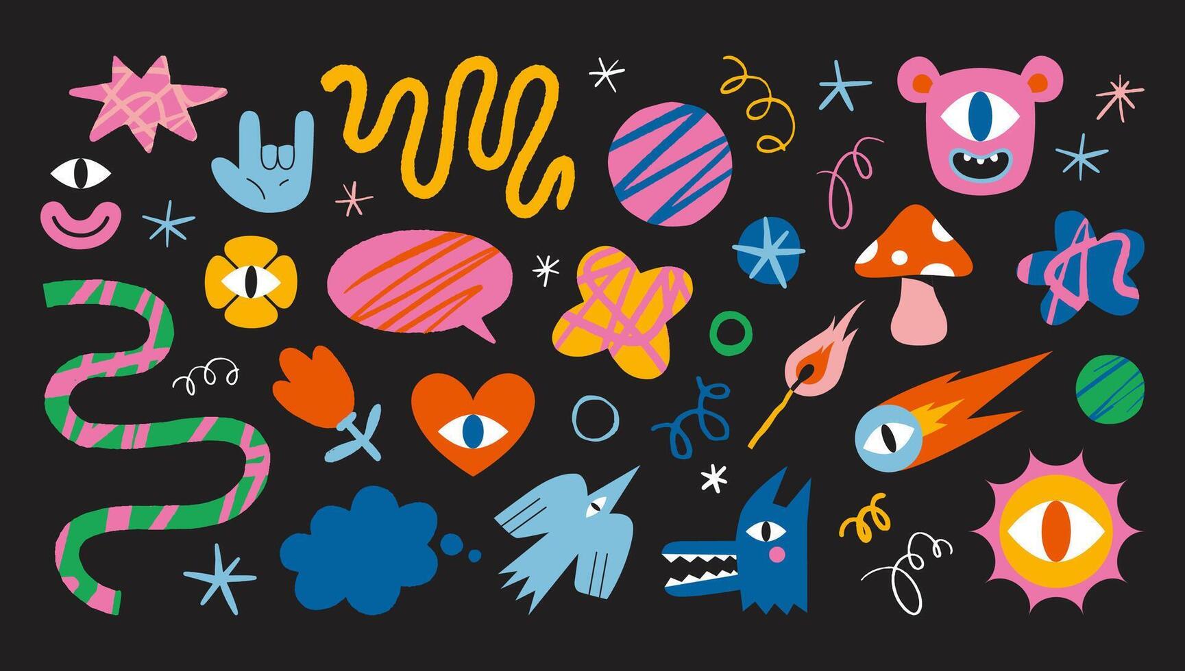 Set of various funny cartoon shapes and characters like heart, flower, bird, monster, mushroom, curve and star. Trendy modern illustration, hand drawn, textured effect, flat design vector