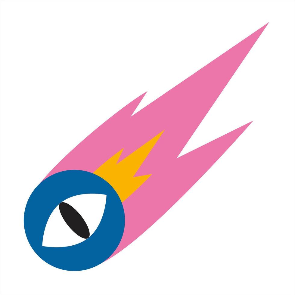 Flying one-eyed comet with burning tail, cartoon style. Trendy modern illustration isolated on white background, hand drawn, flat design vector