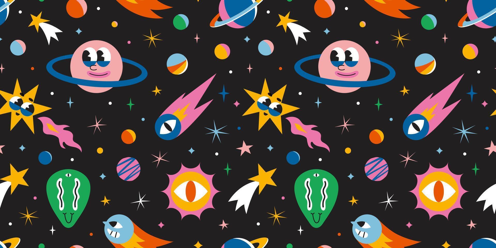 Seamless pattern with cute outer space elements. Cosmic background with funny cartoon characters, alien, planet, comet and stars. Trendy modern illustration, hand drawn, flat design vector
