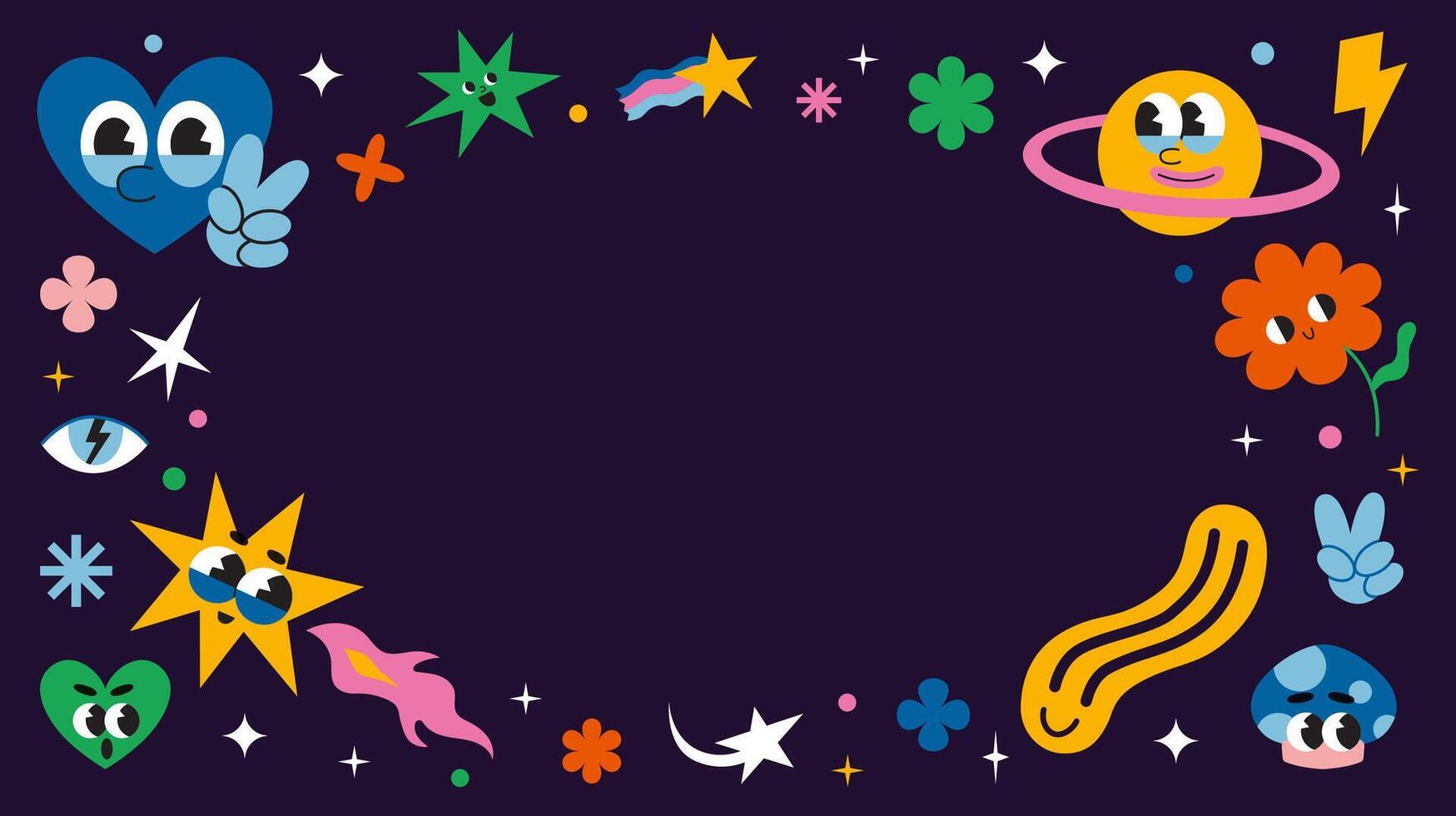 Horizontal banner with round frame, comic groovy characters, cartoon style. 70s funny retro vibe. Trendy modern illustration on a black background, hand drawn, flat design vector
