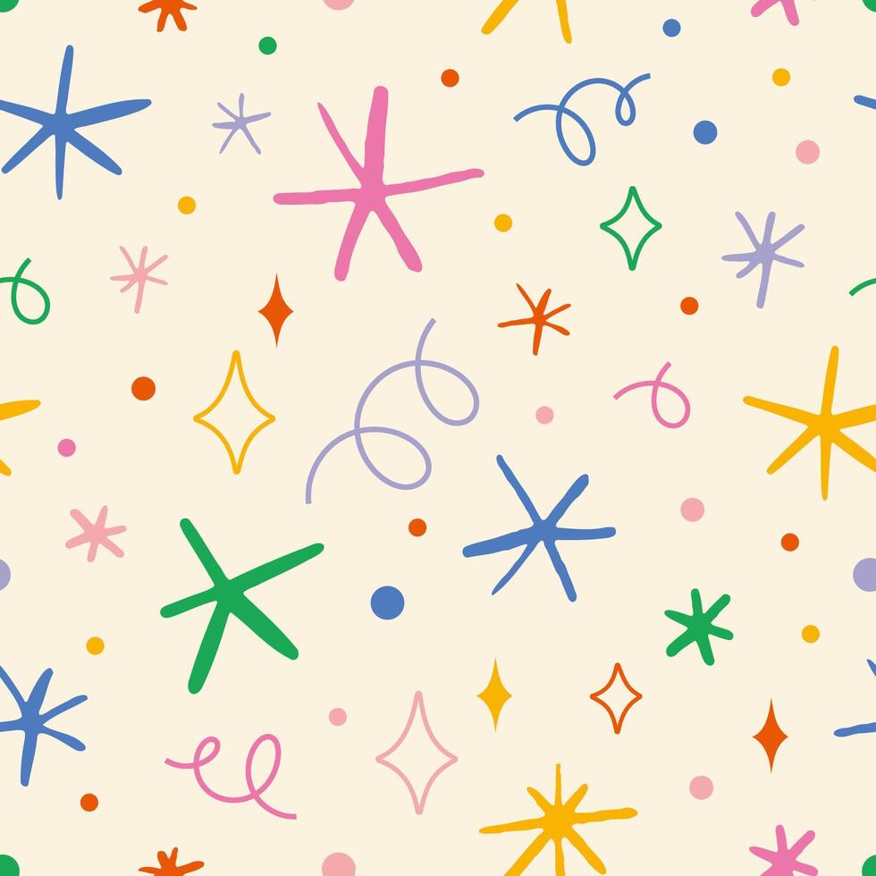 Seamless pattern with stars, sparks and snowflakes, cartoon style. Christmas, birthday print in vibrant colors on a light background. Trendy illustration, hand drawn with textured effect vector