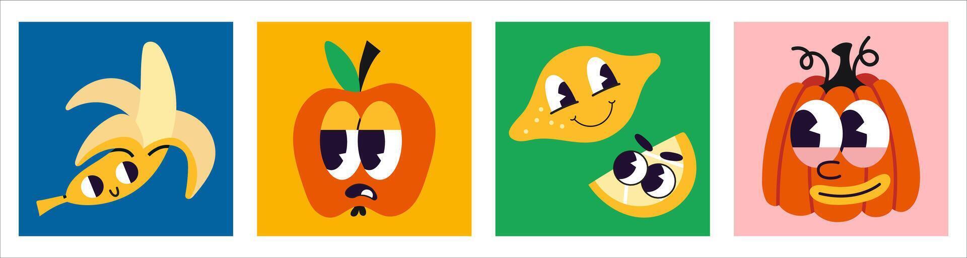 Funny fruits like banana, apple, lemon and pumpkin with eyes and mouth, cartoon style, vintage groovy character. Square colorful icons. Trendy modern illustration, hand drawn, flat design vector