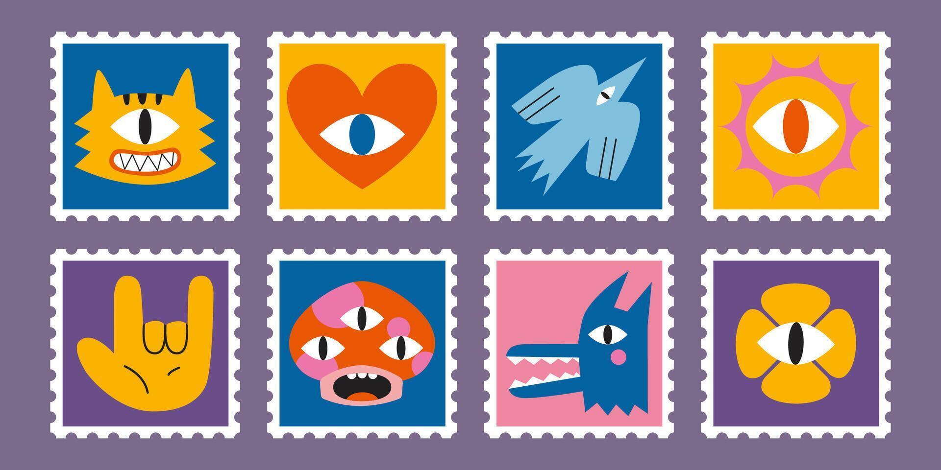 Set of cute hand-drawn post stamps with funny cartoon characters such as tiger, heart, bird, wolf and mushroom. Trendy modern illustartions, flat design vector