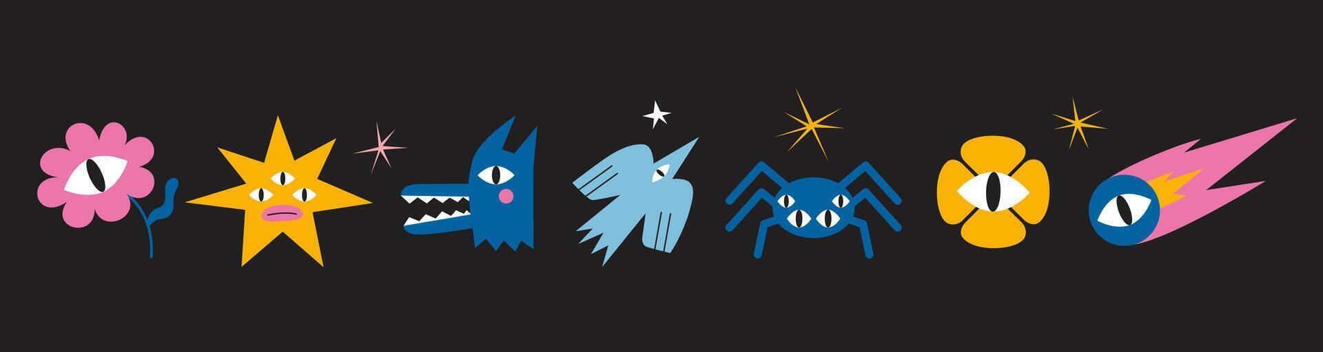 Set of various funny cartoon characters like monsters, flower, star, spider, bird and comet. Trendy modern illustration, hand drawn, flat design vector