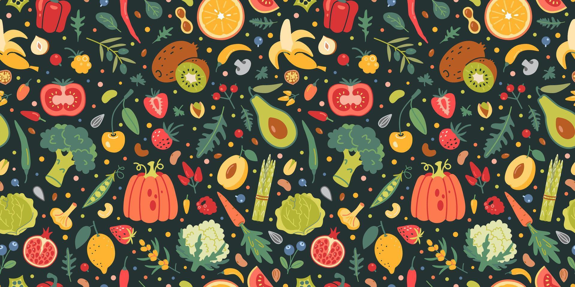 Seamless Pattern with Fruits, Vegetables and berries. Healthly food concept. Modern illustration on black background, hand drawn, flat design vector