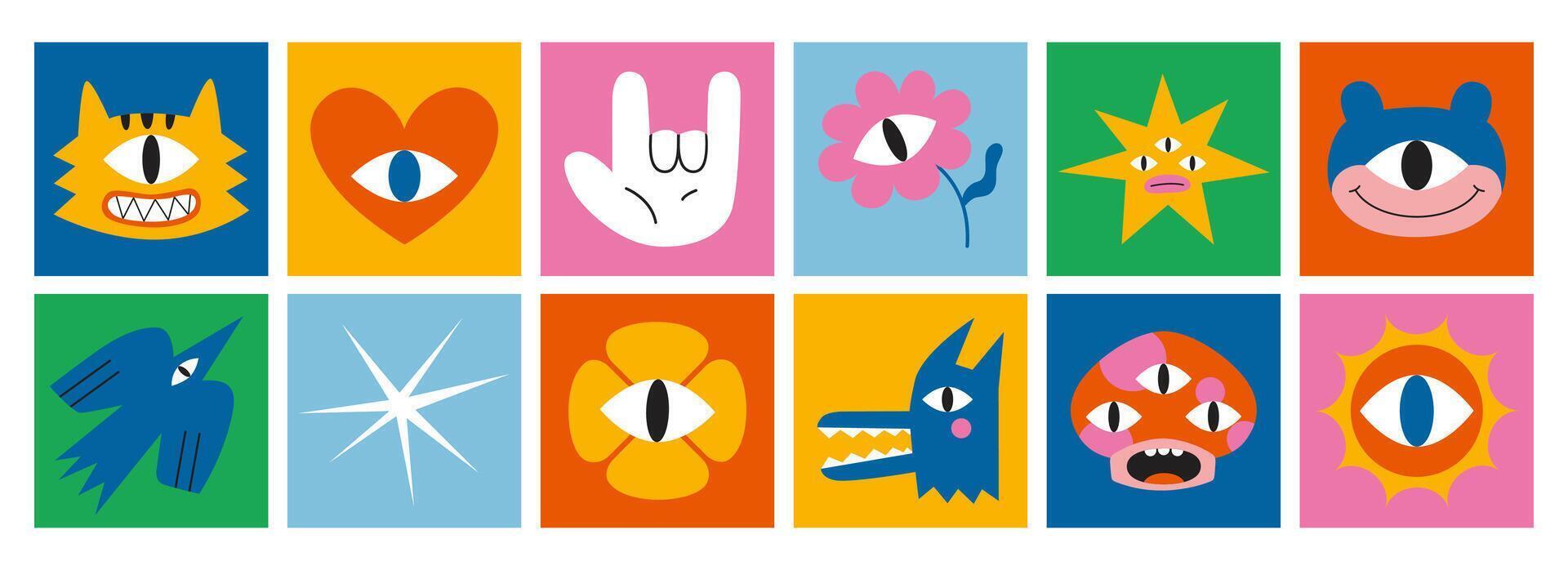 Set of various funny cartoon characters. Square colorful icons. Cute retro stickers collection in vibrant colors. Trendy modern illustration, hand drawn, flat design vector