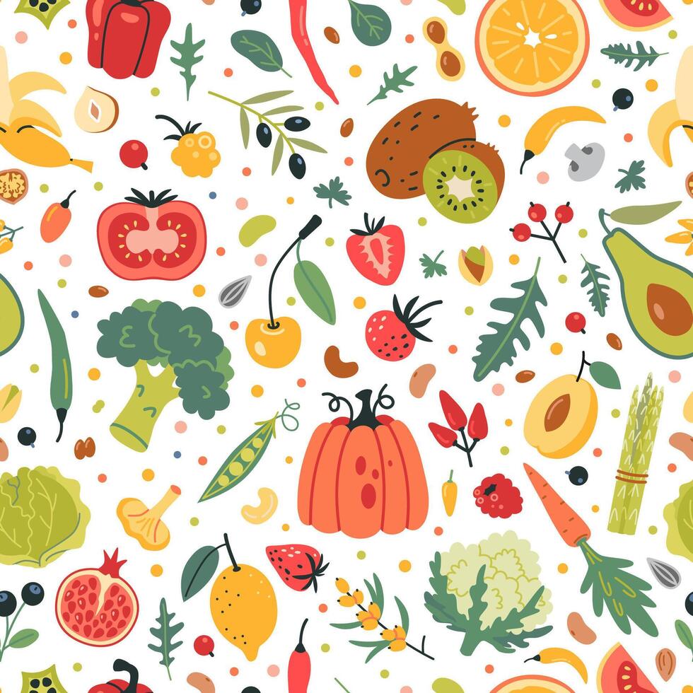 Seamless Pattern with Fruits, Vegetables and berries. Healthly food concept. Modern illustration isolated on white background, hand drawn, flat design vector