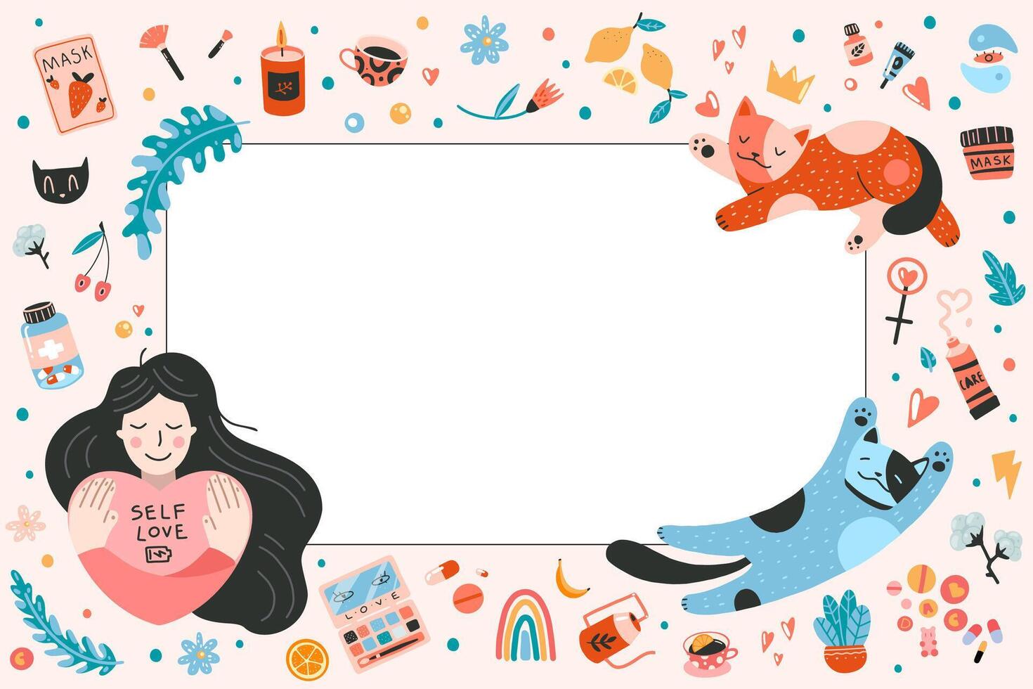 Horizontal banner with frame on self-care theme, cartoon style. Girl hugs herself and cats. Self love, health, beauty and wellness concept. illustration isolated on white, hand drawn, flat vector