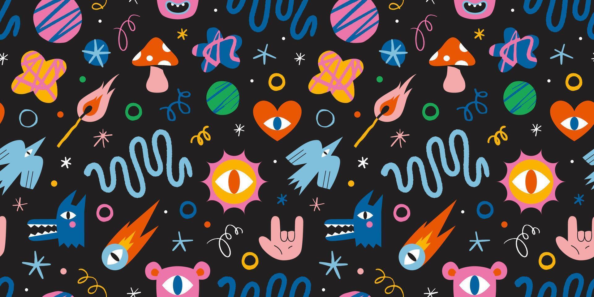 Seamless pattern with funny cartoon shapes and characters like bird, monsters, curves and stars. Trendy modern illustration on black background, hand drawn, textured effect, flat design vector
