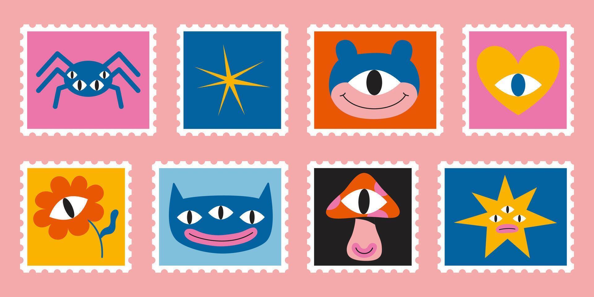 Set of cute hand-drawn post stamps with funny cartoon characters such as monsters, flower, star, spider and mushroom. Trendy modern illustartions, flat design vector