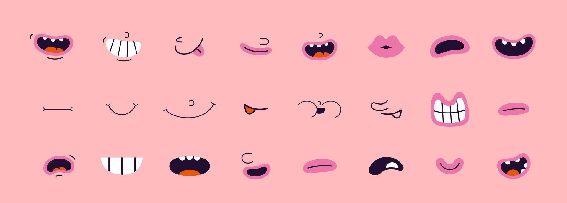Set of retro cartoon mouths, groovy comic characters different face expressions, old animation. Emotions like happy, sad, angry, wonder. Trendy modern illustration, hand drawn, flat design vector
