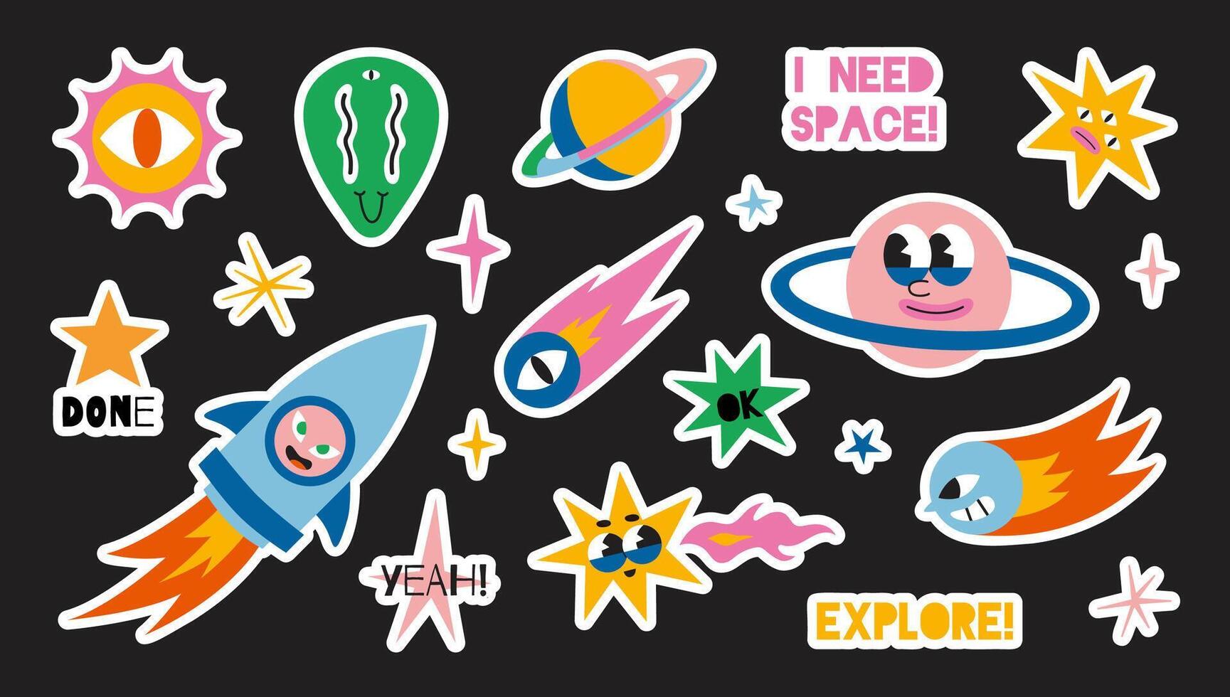 Set of trendy stickers for planner with white outline and cutting line, flat illustration. Space elements like rocket, planet, comet, star, sun and alien. Cute cartoon sticker pack vector