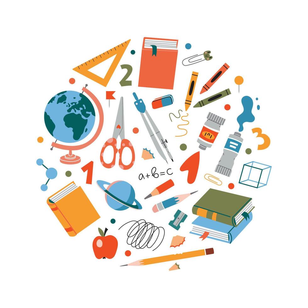 School stationery and Art Supplies. Bundle with student stuff like a globe, books, scissors, paints and crayons. vector