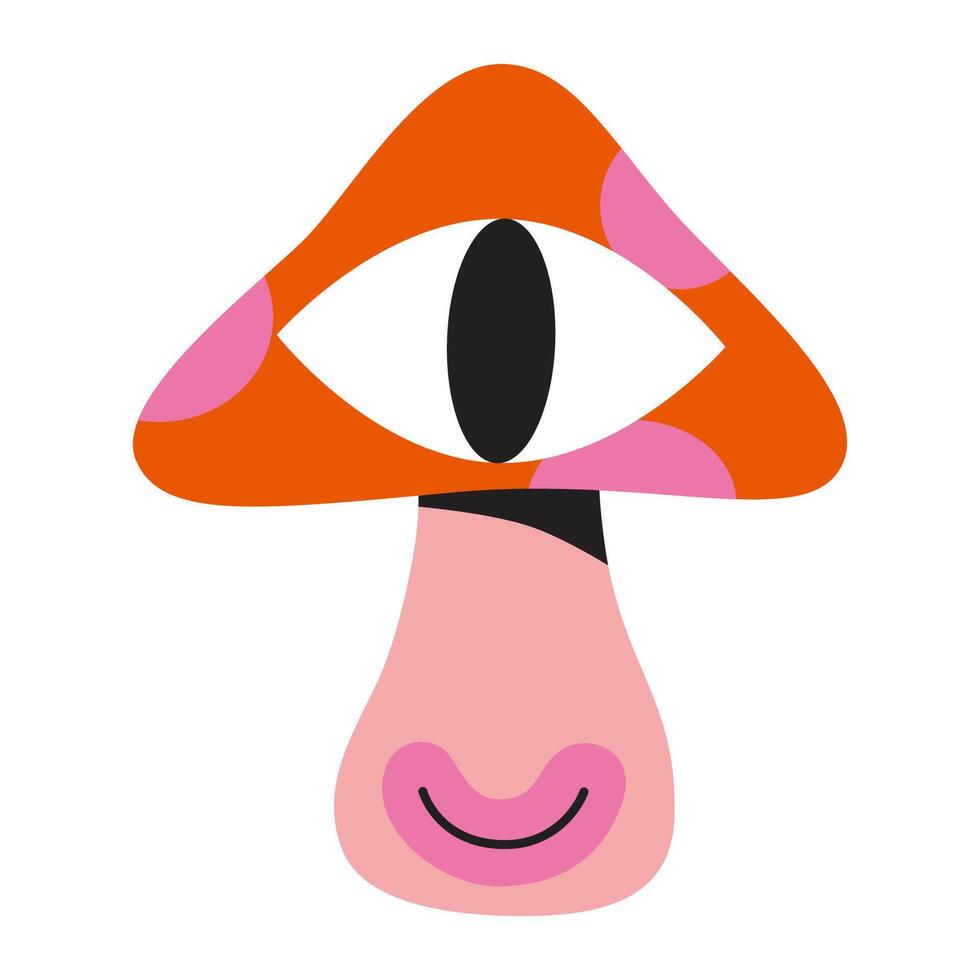 Mushroom character, smiling amanita with one eye, cartoon style. Trendy modern illustration isolated on white background, hand drawn, flat design vector