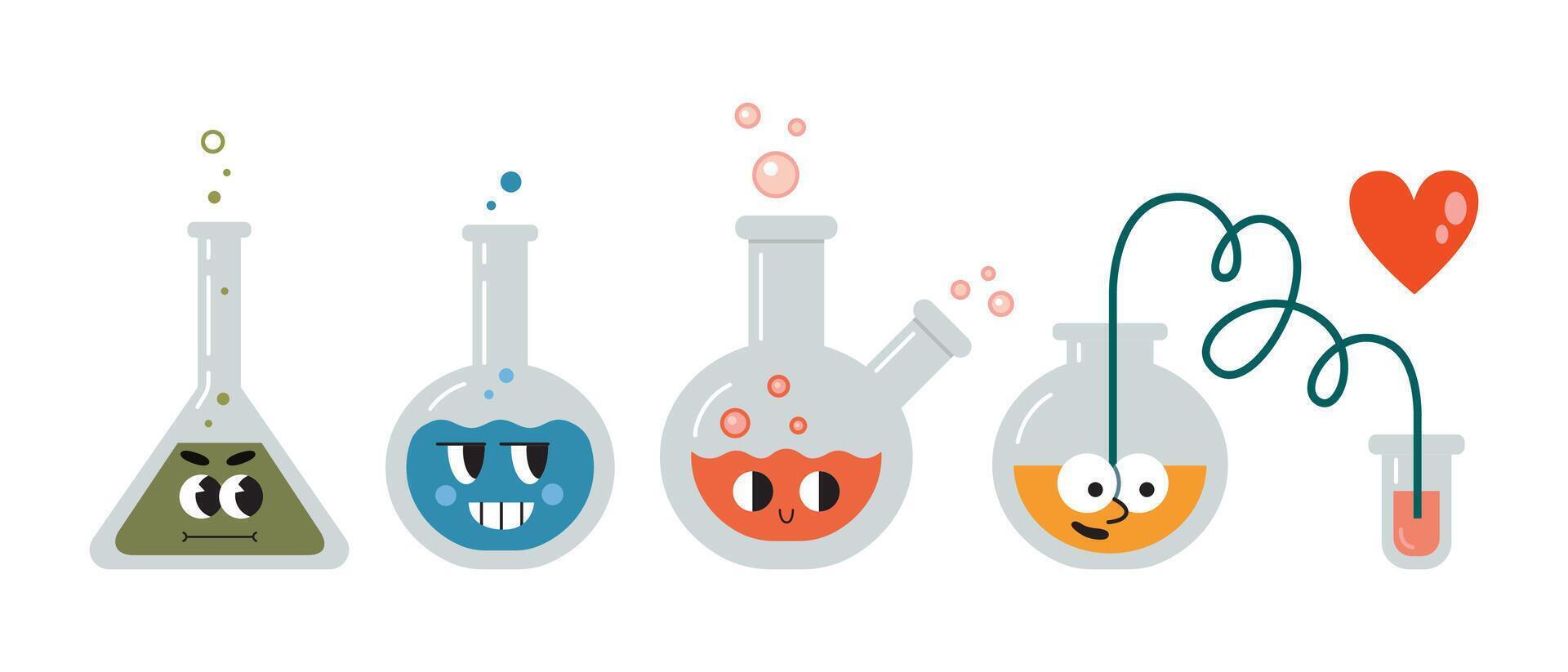 Cute laboratory test tubes, flasks with funny faces. Transparent glassware with chemical reagents. Experiment equipment for chemistry lessons. illustration isolated on white, flat design vector