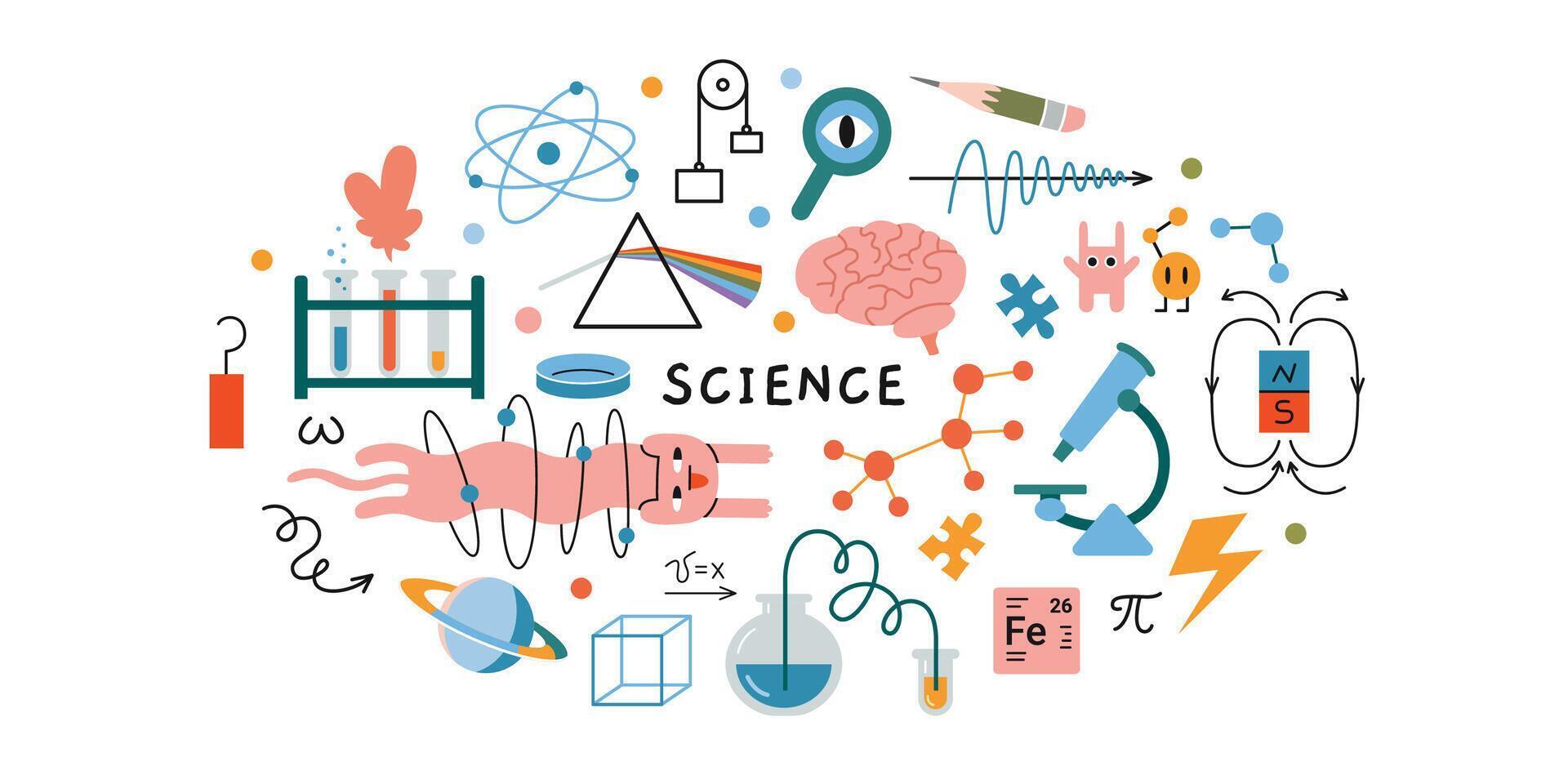 Science research concepts. Round composition on the theme of physics, biology and chemistry. Education and study concept. Trendy modern illustration isolated on white, hand drawn, flat vector