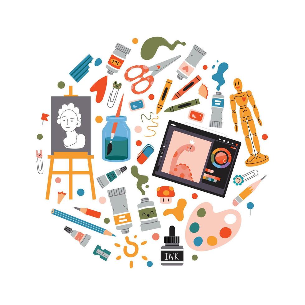 Round composition with cute Art tools and stationery. Bundle with Artistic supplies like a graphic tablet, easel, paints and crayons. Trendy modern illustration, hand drawn, flat design vector