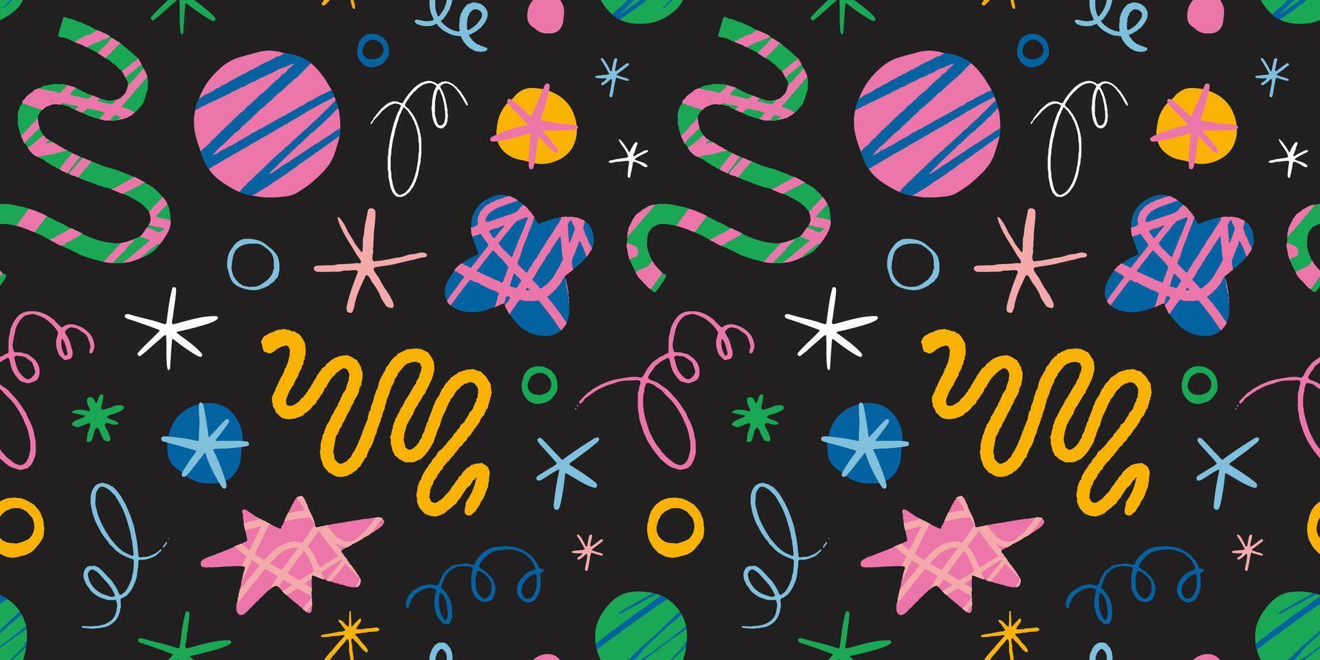Seamless pattern with Hand drawn various scribbles, doodles, curls, lines, circles and stars. Abstract art, shapes with textured effect. Trendy modern illustration on black background vector