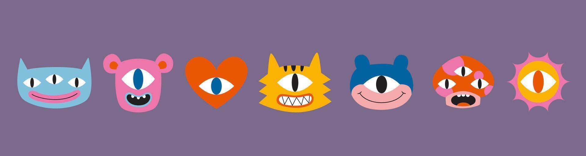 Set of various funny cartoon characters like one or three eyed monsters, heart, tiger, mushroom and sun. Trendy modern illustration, hand drawn, flat design vector