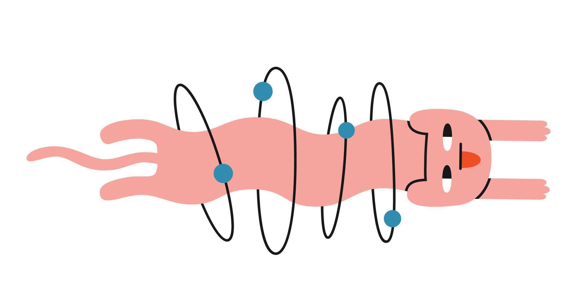 A cute cat flies through the rings of atomic trajectories. Education and Science concept. Trendy modern illustration isolated on white background, hand drawn, flat design vector