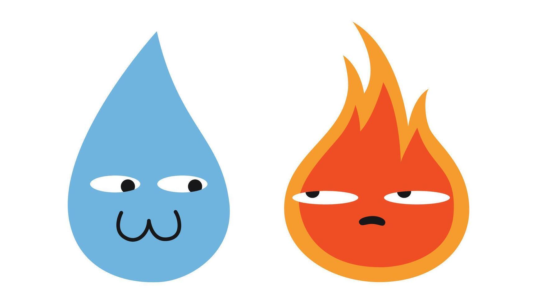 Cute characters, drop of water and fire with face and emotions. Trendy modern illustration isolated on white background, hand drawn, flat design vector