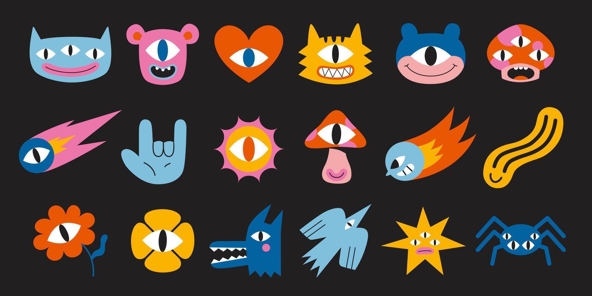 Set of various funny cartoon characters like monsters, heart, flower, bird, mushroom and star. Trendy modern illustration, hand drawn, textured effect, flat design vector