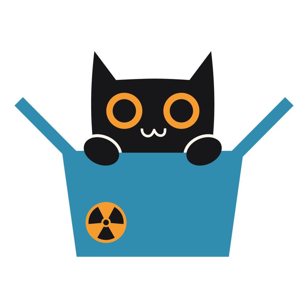 Cute kitty peeking out of an open box, Schrodinger's cat, physics and scientific research concept. illustration isolated on white, hand drawn, flat design vector