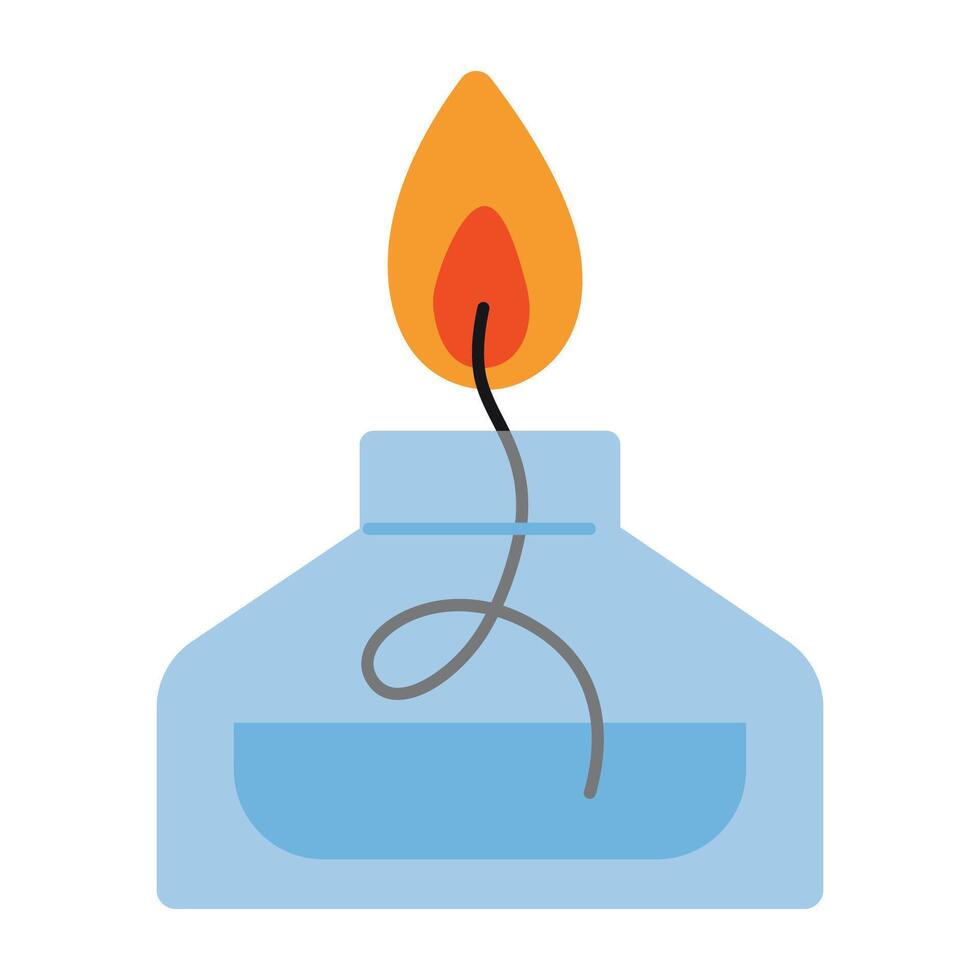 Laboratory glass alcohol lamp burner with flame for chemistry experiments. Scientific research equipment. illustration isolated on white background, hand drawn, flat design vector
