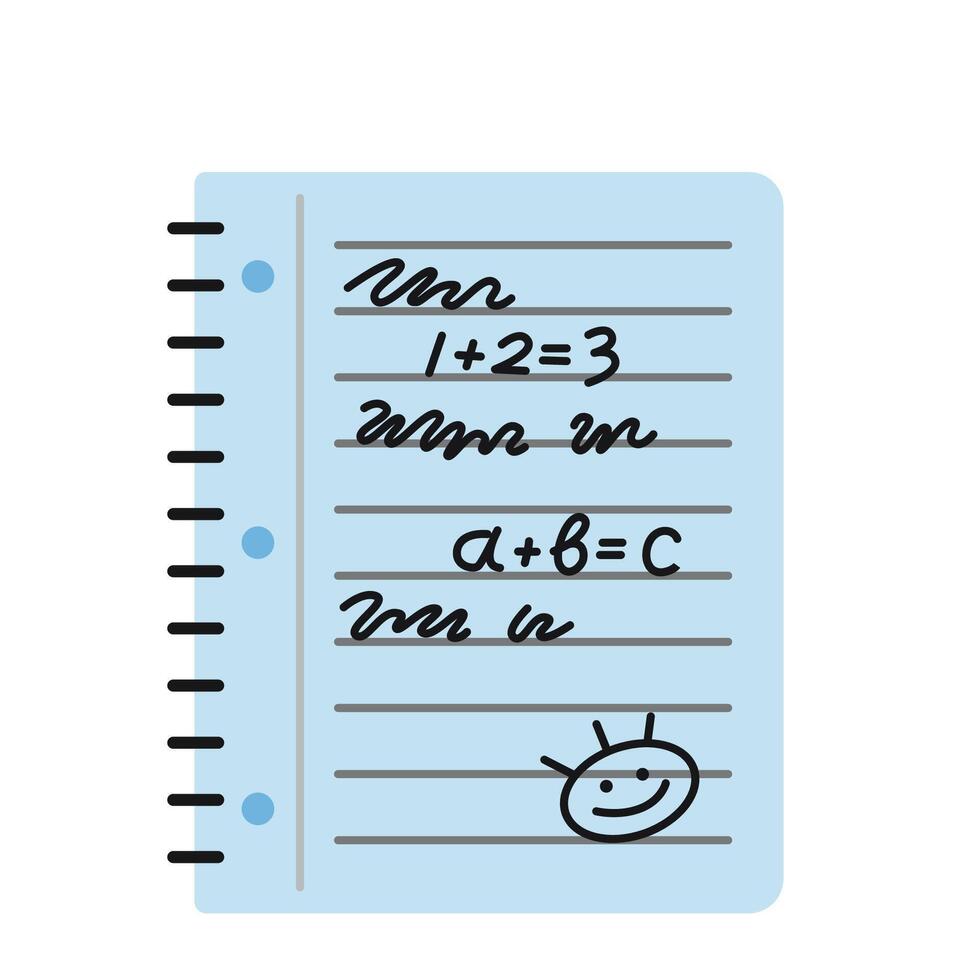 A cute school notepad with notes, drawings and scribbles. Trendy modern illustration isolated on white background, hand drawn, flat design vector
