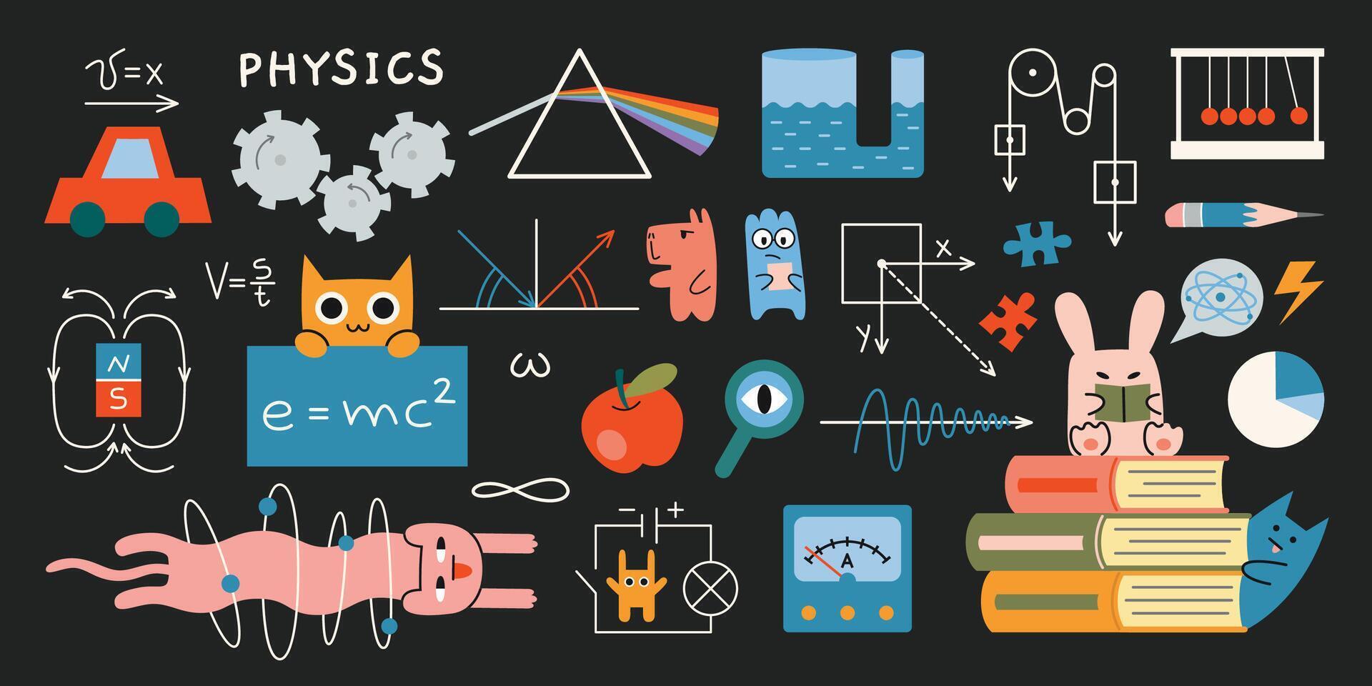 Physics lesson at school. Physics formulas, drawings, equipment for classes and cute characters on black chalkboard. Education and study concept. Trendy modern illustration, hand drawn, flat vector