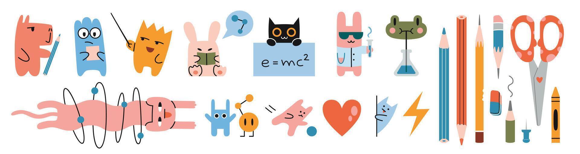 Set of cute funny characters and stationery. Education and study concept. Frog, rabbit, capybara and cat go to school. Trendy modern illustration isolated on white, hand drawn, flat vector