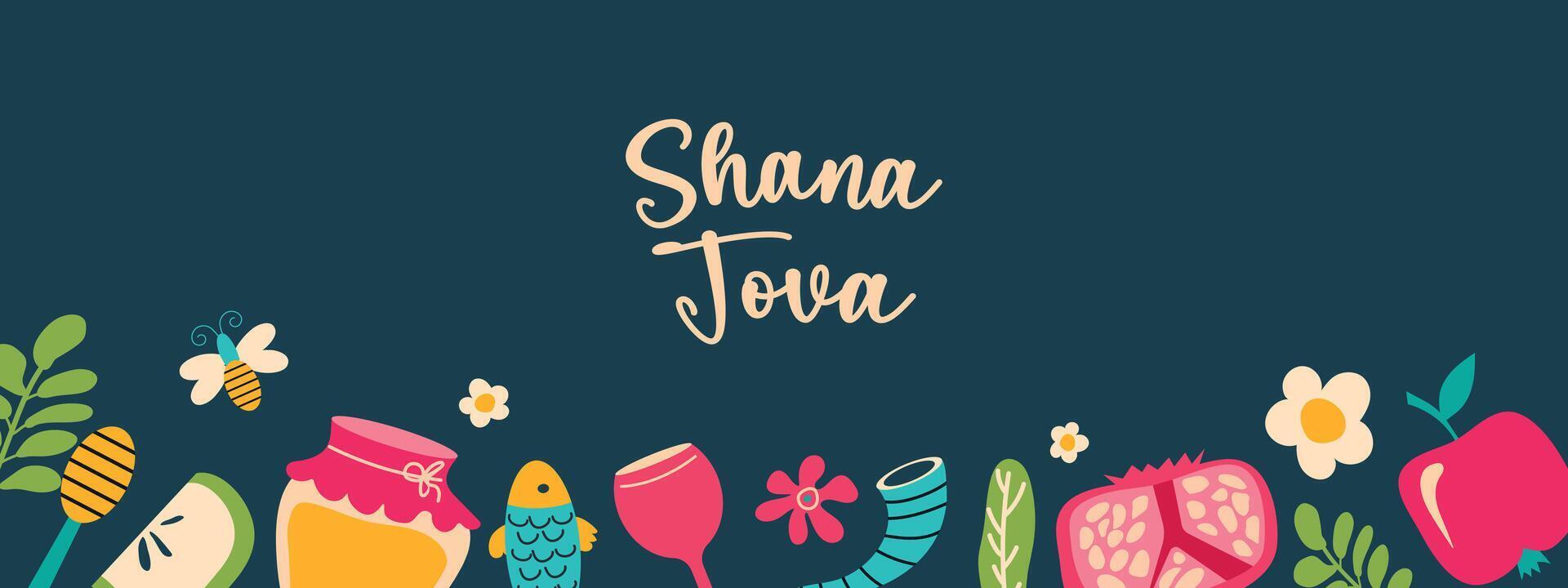 Jewish holiday Rosh Hashanah holiday greeting card design. Dark background. Hebrew text -Happy New Year. Print for cards, invitations and posters. vector