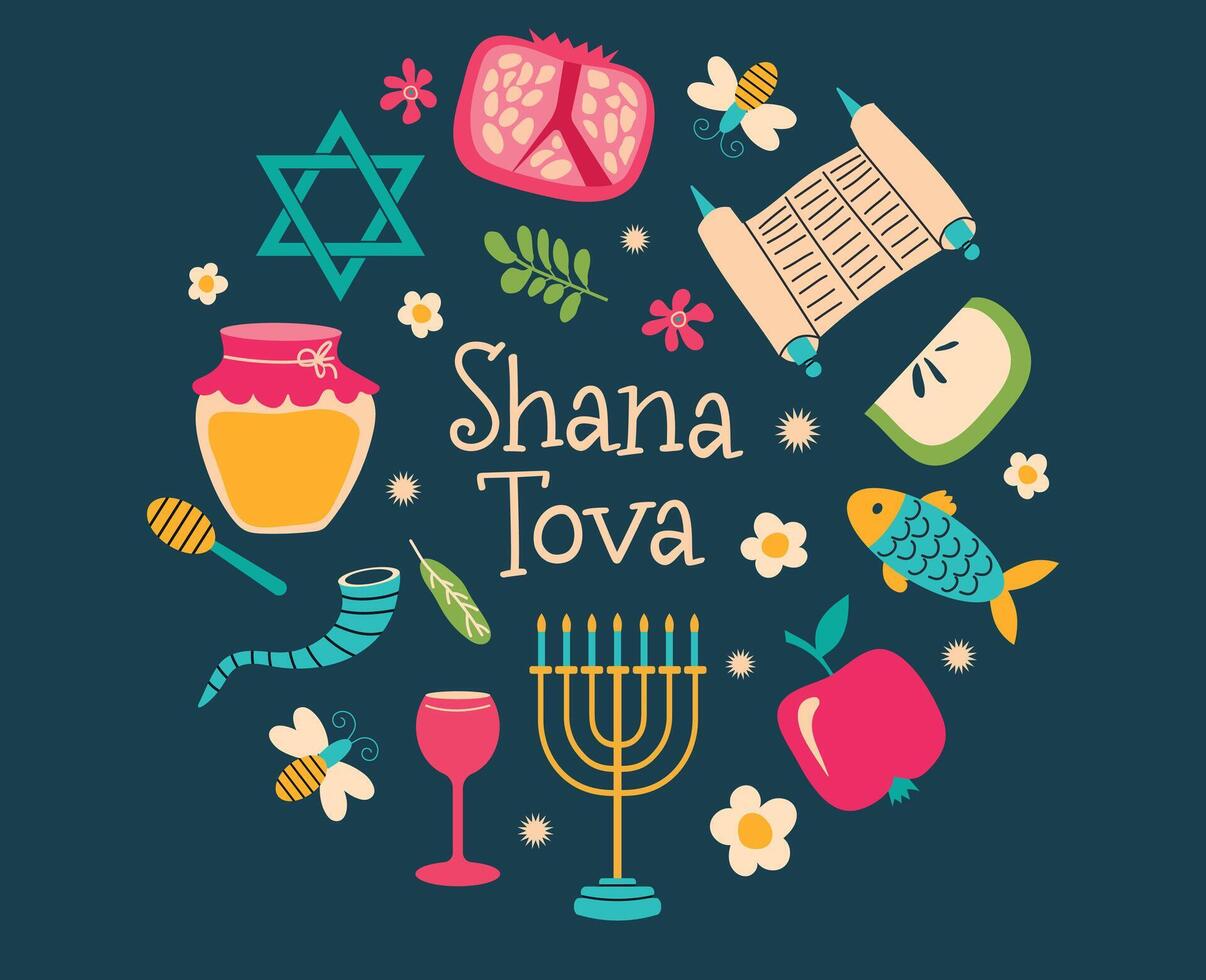 Symbols of rosh hashanah. Greeting card banner with traditional icons. Happy New Year, Shana Tova in Hebrew. Apple, honey, flowers and leaves, Jewish New Year symbols and icons vector