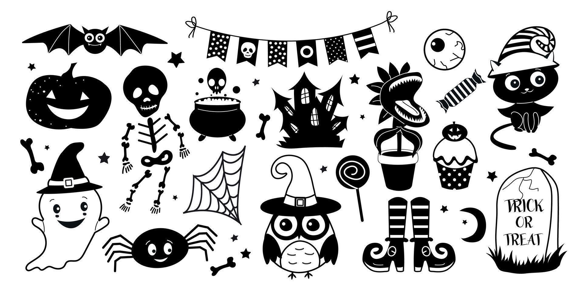 Set of black and white Halloween drawings isolated on white background. For coloring pages, prints, decoration of postcards and stickers, posters, sublimation. vector