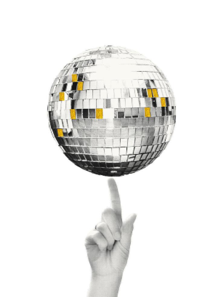 Shiny disco ball spinning on finger halftone collage illustration. Cut out of a magazine hand and party festive symbol. Trendy modern retro element with gold glitter decoration vector