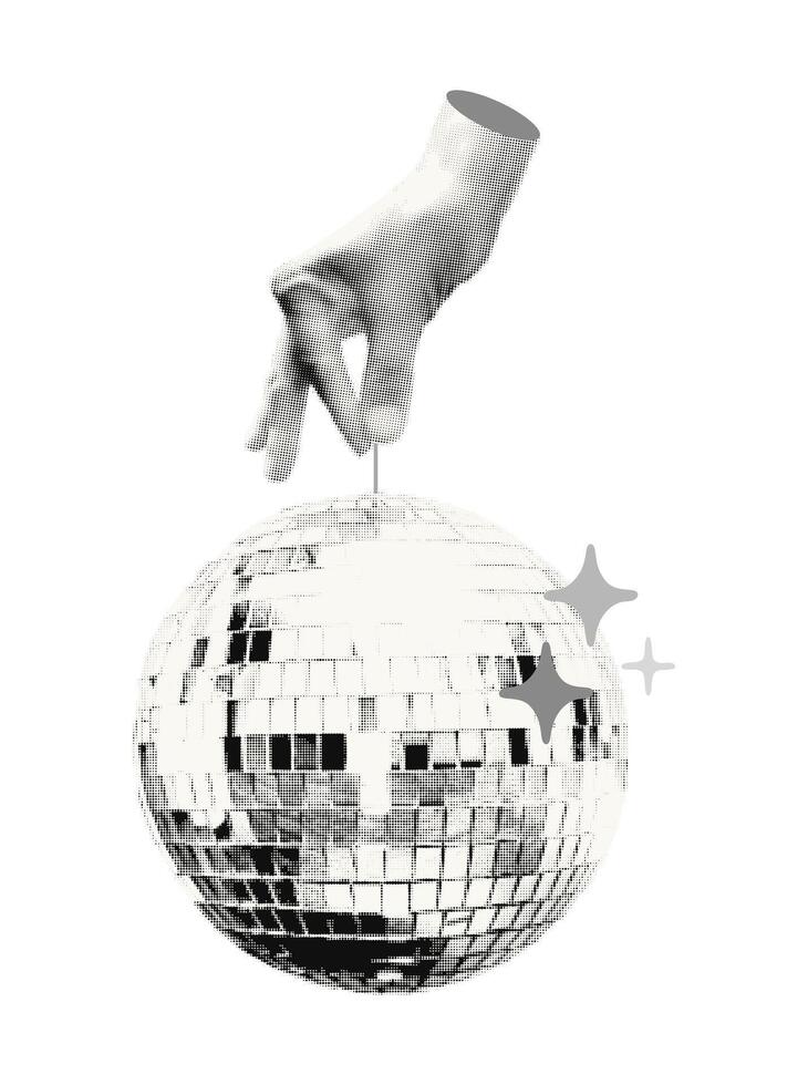 Halftone hand holding disco ball hanging on string collage element. Cut out of a magazine party festive symbol. Trendy modern retro illustration isolated on transparent background vector