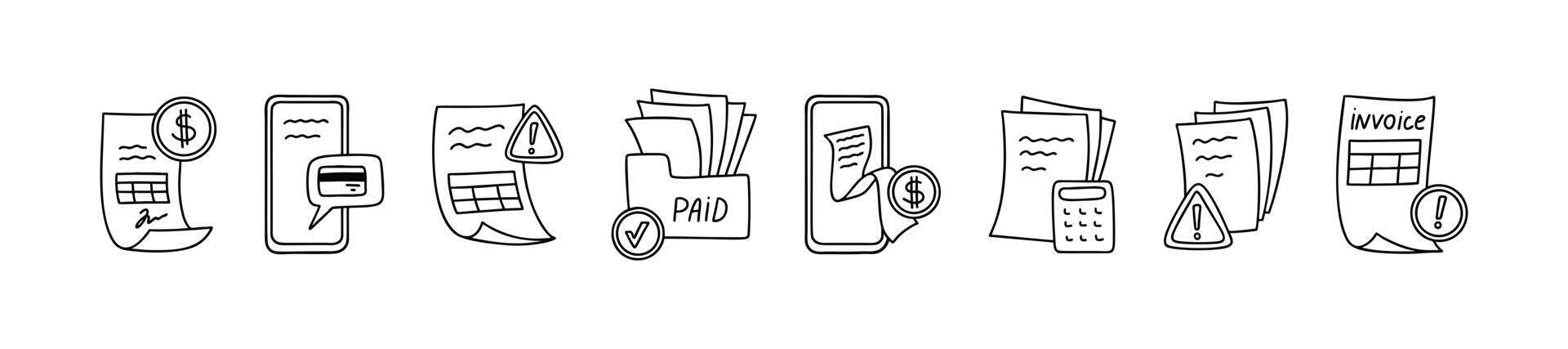 Line doodle bill and invoice icon set. Receipt, tax, loan, order hand drawn concept. NFC contactless payment, money transfer, bank credit card, atm symbol line art drawing vector