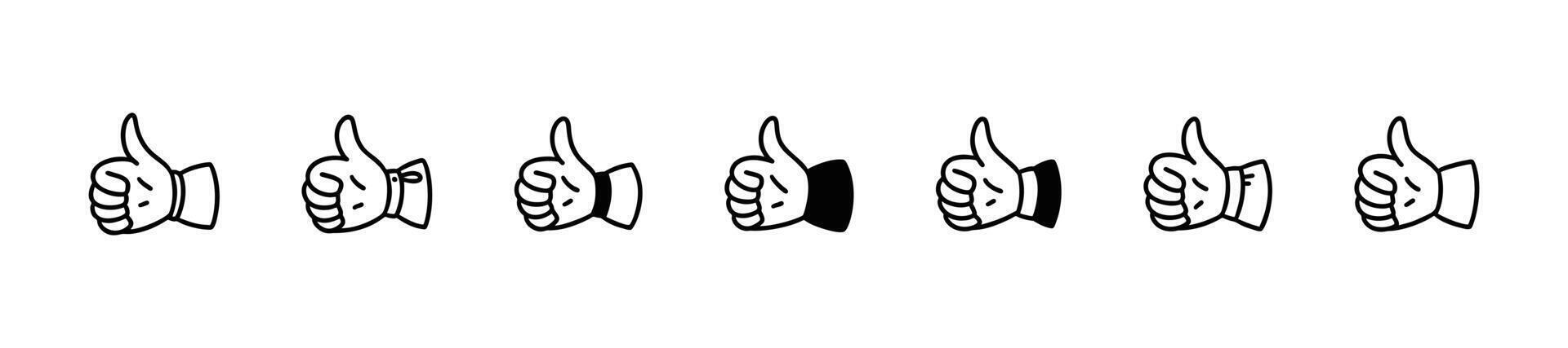 Thumb up cute line doodle icons set. Good expression. Hand sketch illustration. Social media comment, post like, rate symbol. Customer positive feedback. Raised finger vector