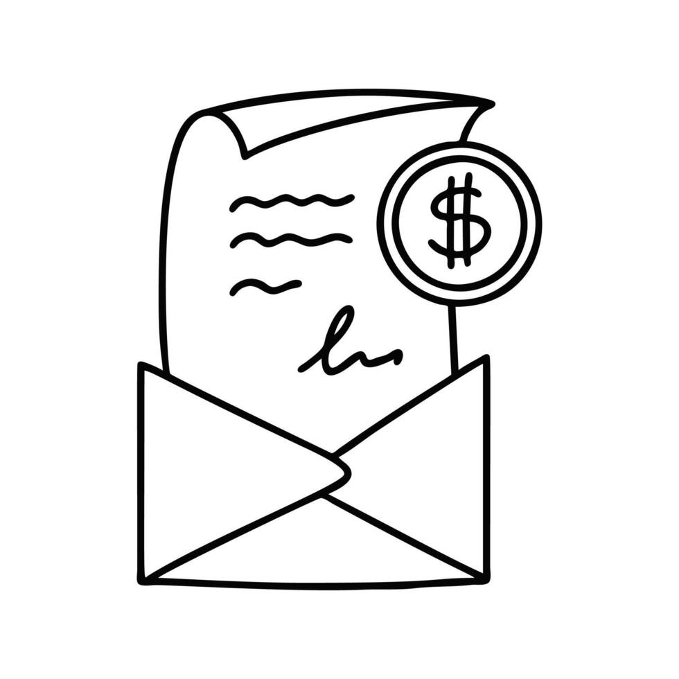 Line doodle bill letter icon. Financial paper, invoice, receipt, tax form, bank loan document in the mail envelope. Email payment notification. Dollar sign and signature vector