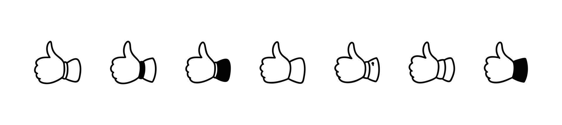 Thumb up cute line doodle icons set. Good expression. Hand sketch illustration. Social media comment, post like, rate symbol. Customer positive feedback. Raised finger vector