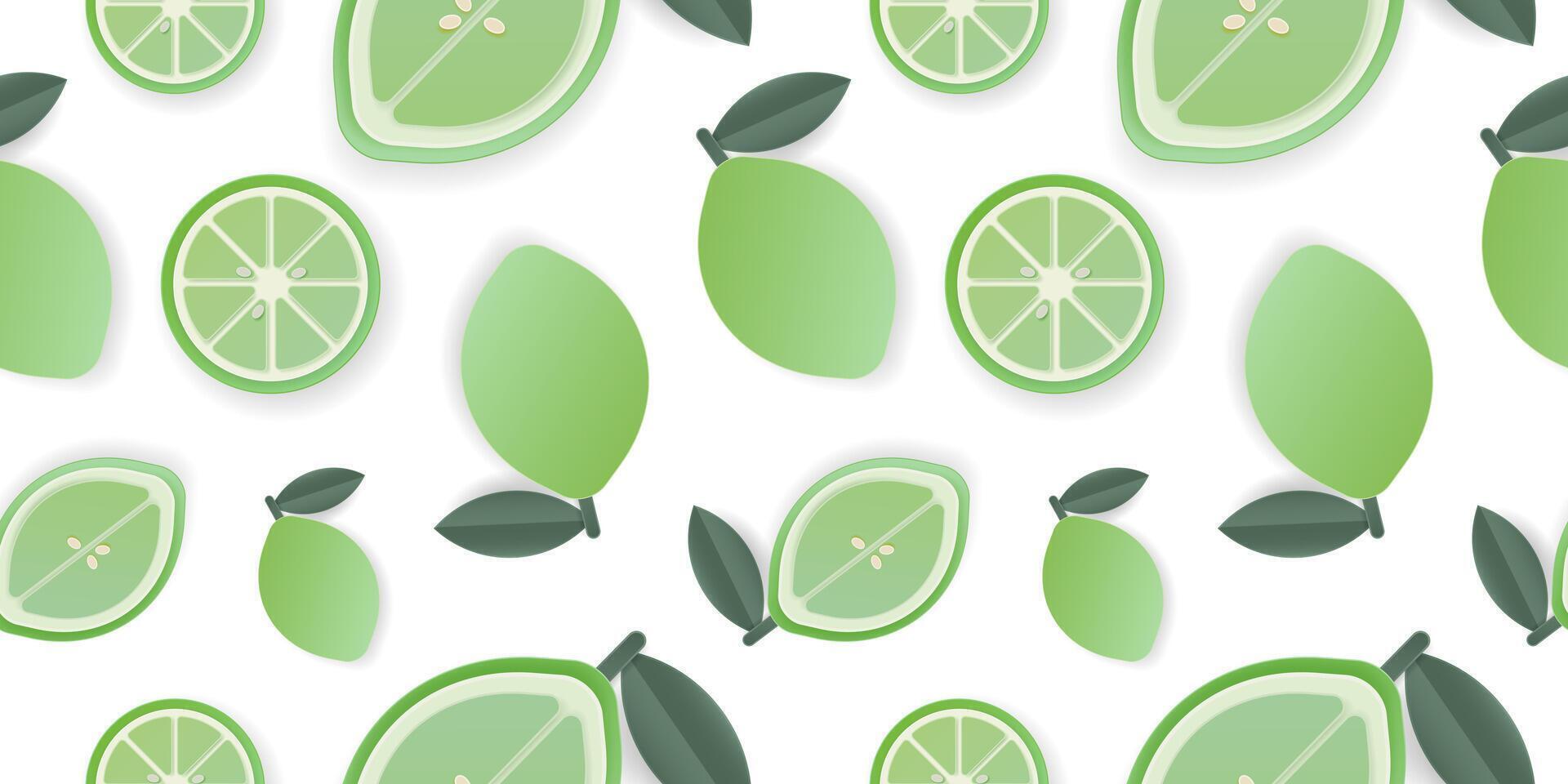 Seamless pattern 3d papercut sliced lime fruit. Summer cutout layered fruits for restaurant, food, drinks, bars, recipes, summer, sweets, vegan, social media, presentation design. vector