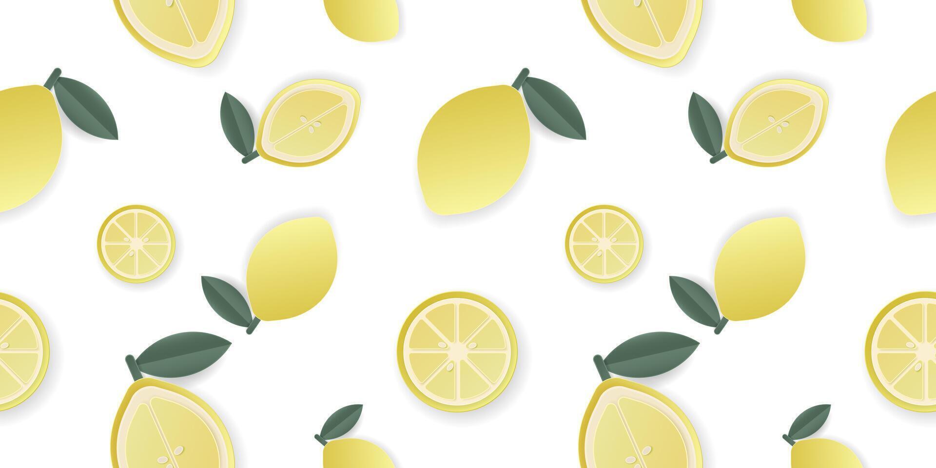 Seamless pattern 3d papercut sliced lemon fruit. Summer cutout layered fruits for restaurant, food, drinks, bars, recipes, summer, sweets, vegan, social media, presentation design. vector