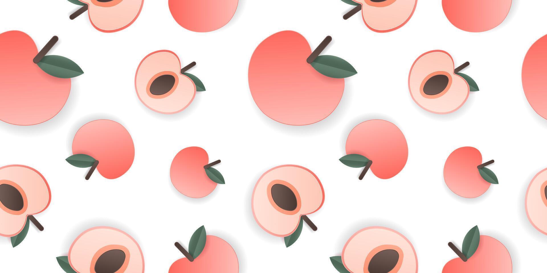 Seamless pattern 3d papercut sliced peach fruit. Summer cutout layered fruits for restaurant, food, drinks, bars, recipes, summer, sweets, vegan, social media, presentation design. vector