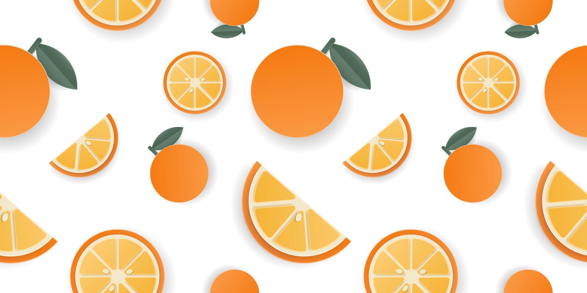 Seamless pattern 3d papercut sliced orange fruit. Summer cutout layered fruits for restaurant, food, drinks, bars, recipes, summer, sweets, vegan, social media, presentation design. vector