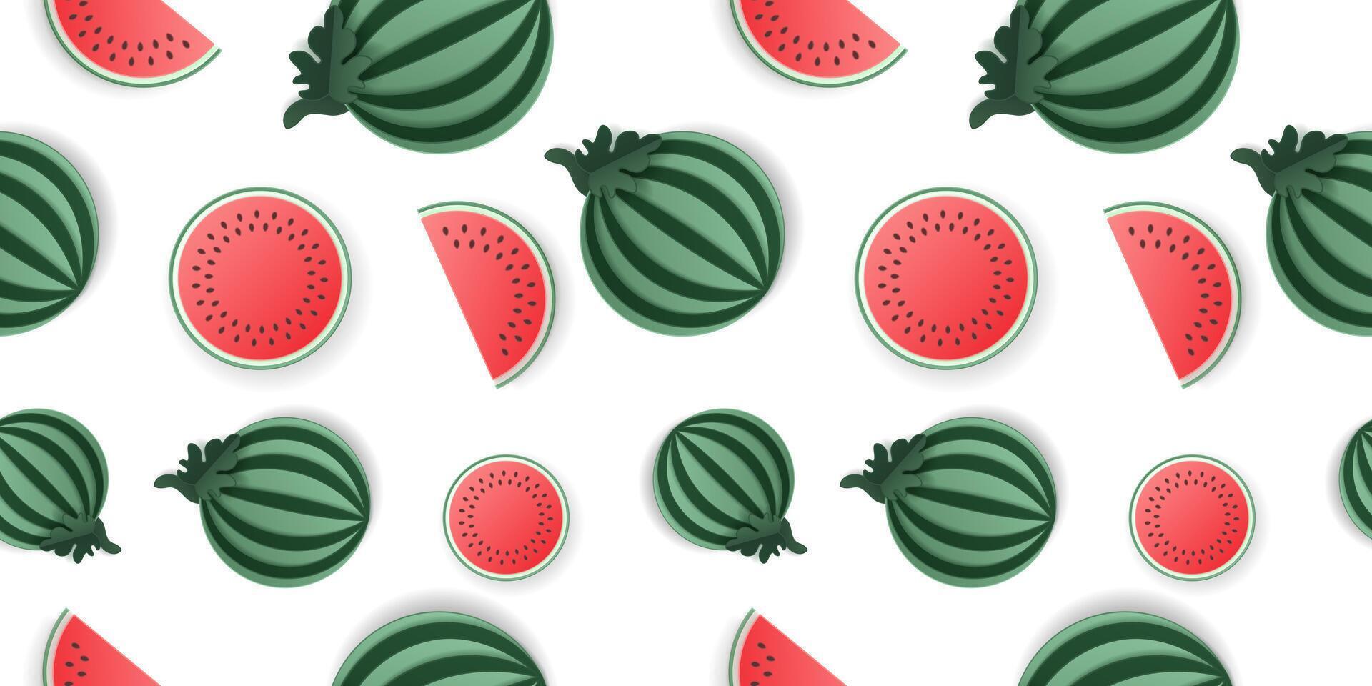 Seamless pattern 3d papercut watermelon sliced cutout fruit. Summer layered fruits for restaurant, food, drinks, bars, recipes, summer, sweets, vegan, social media, presentation design. vector
