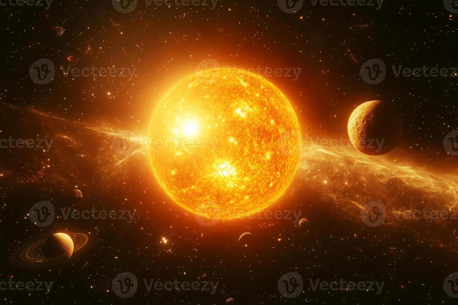 Planetary system orbiting a star in deep space photo